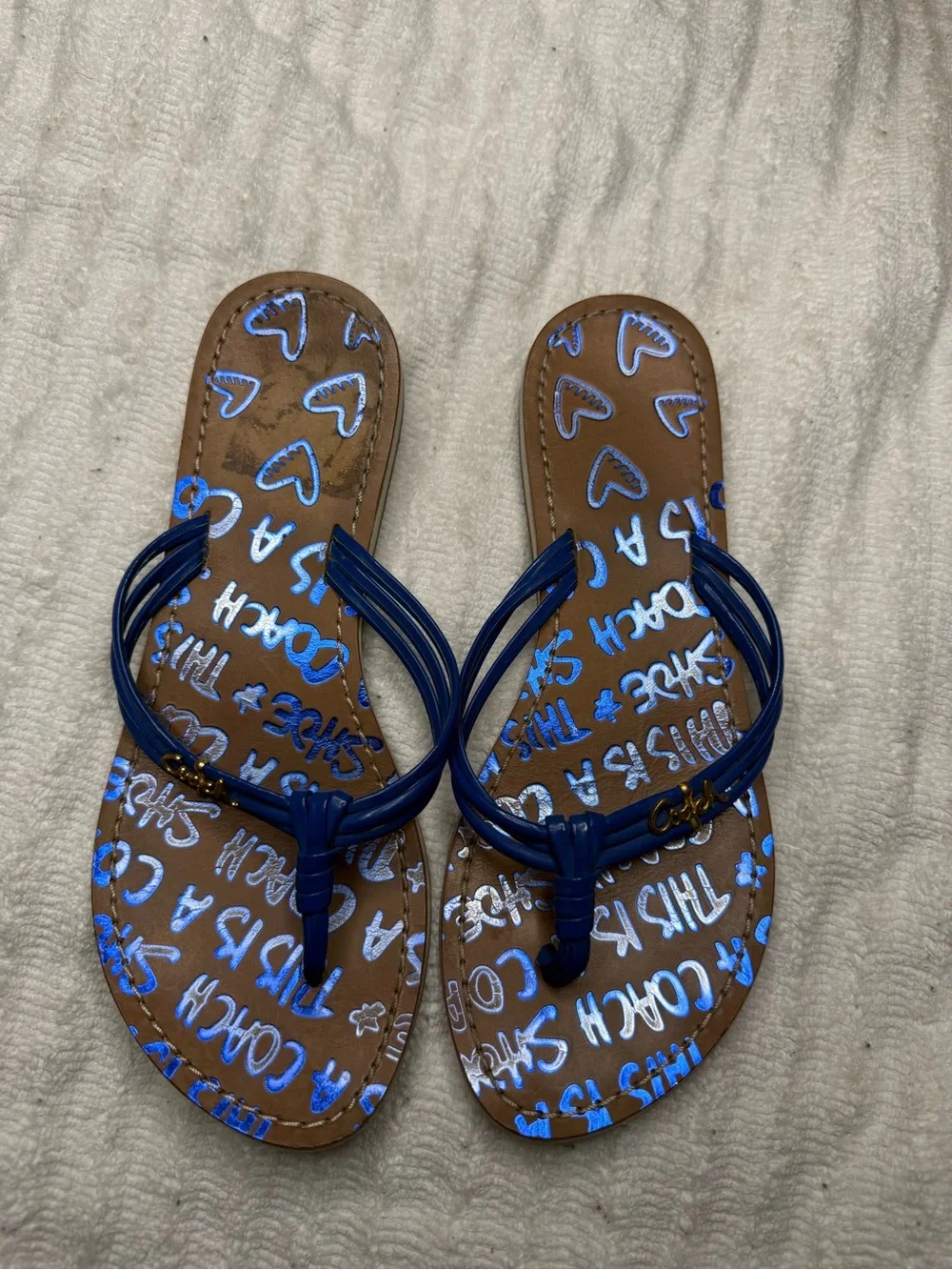 Coach Blue Thong Sandals Flip Flops Graffiti Print Size 6